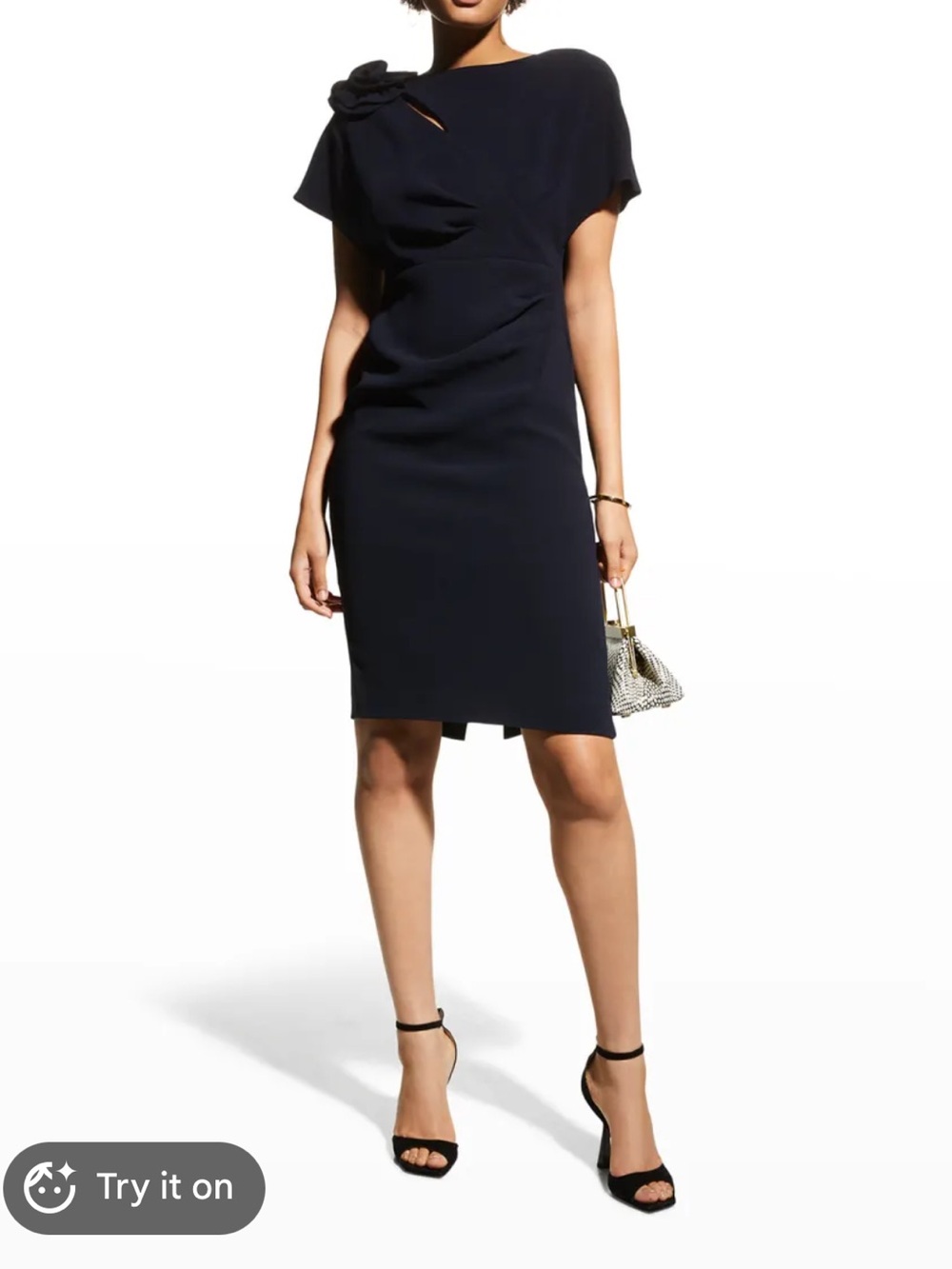 Teri Jon by Ricki Freeman wing sleeve shirred dress with asymmetric 3d flower